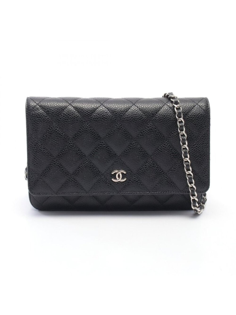 Chanel Shoulder Bag Quilted Black Caviar Leather Chain Wallet